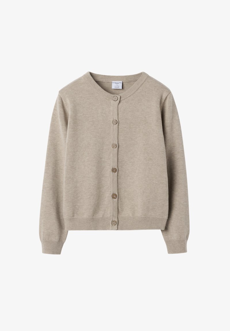 Beige Kinderstrickjacke mit langen Ärmeln, rundem Halsauschnitt, gerippten Bündchen und Saum sowie sechs vorderen Knöpfen.