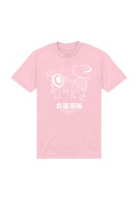 Světle růžové bavlněné tričko s bílou grafickou ilustrací postav držících deštníky a japonským textem na spodní části.