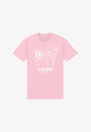 Jasnoróżowa bawełniana koszulka z białą grafiką przedstawiającą postacie trzymające parasole oraz japońskim tekstem na dole.