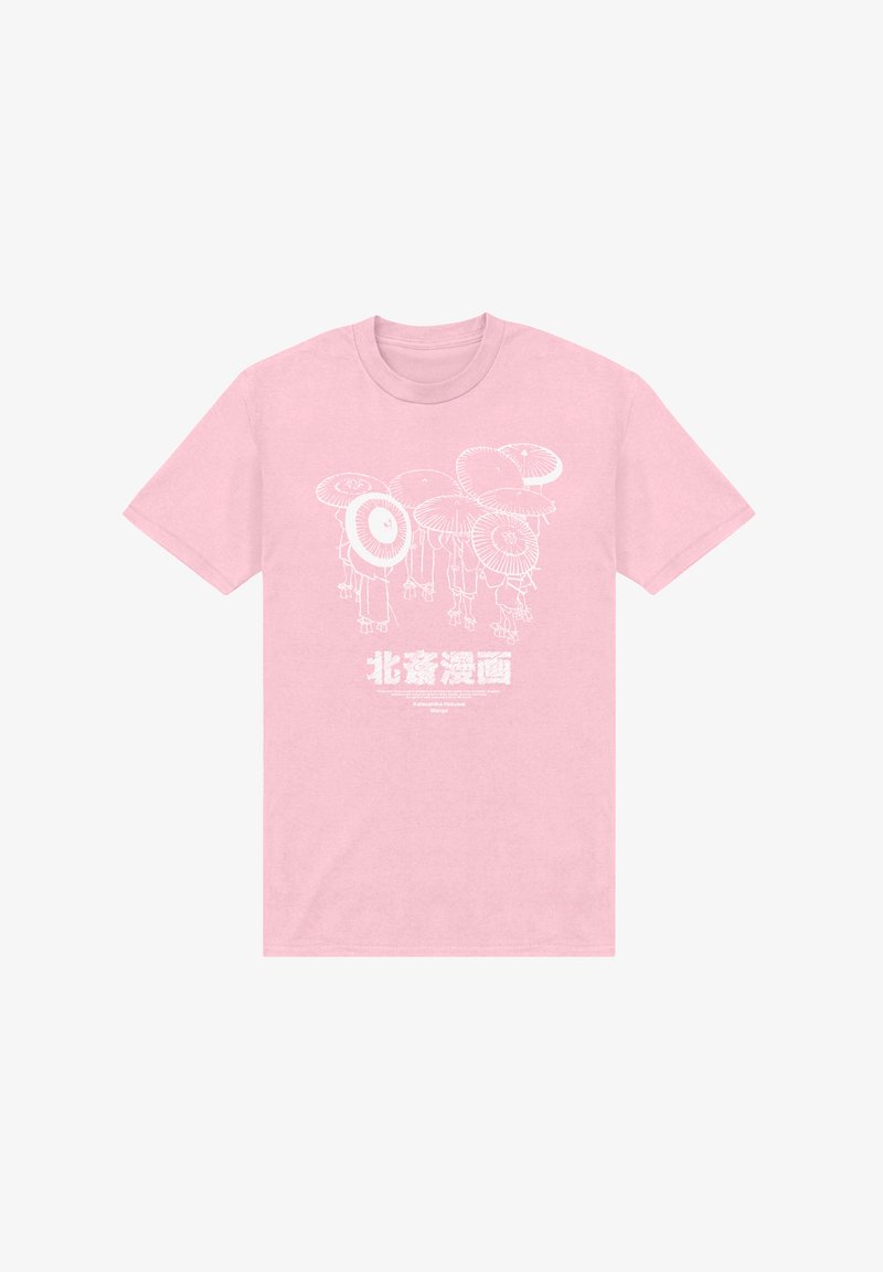 Helles rosa Baumwoll-T-Shirt mit einer weißen grafischen Illustration von Figuren, die Regenschirme halten, und japanischem Text am unteren Rand.