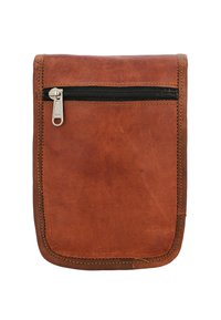 Braune Leder-Tasche mit strukturierter Oberfläche, ausgestattet mit einem Reißverschluss und genähten Kanten. Kompakte rechteckige Form für den tragbaren Einsatz.