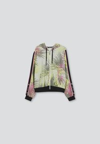 Hoodie met ritssluiting, voorzien van een levendig palmbladpatroon in groen en roze, met zwarte mouwen en zoom, en contrasterende gestreepte accenten.