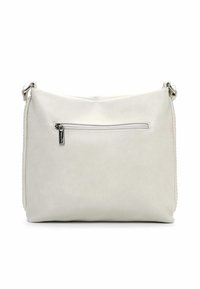 Biała torebka z syntetycznego materiału o gładkiej fakturze, prostokątnym kształcie, główna komora zapinana na zamek oraz zewnętrzna kieszeń na zamek z przodu.