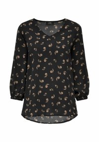 Czarna bluzka z dekoltem w kształcie litery V, długimi rękawami i elastycznymi mankietami, ozdobiona kwiatowym wzorem w odcieniach beżu i zieleni. Gładki, lekki materiał.