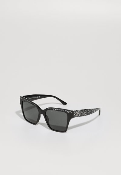Black rectangular sunglasses with dark lenses. Glittery black accents on the temples. Simple design, lightweight plastic frame.