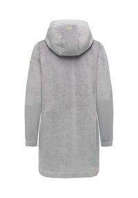 Cappotto lungo in corduroy grigio con cappuccio, texture a coste, polsini elasticizzati e un piccolo dettaglio etichetta vicino all'orlo. Vista posteriore.