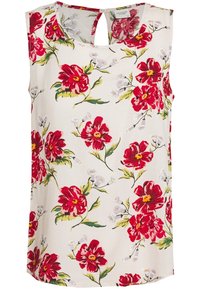 Blouse sans manches en tissu léger avec un fond blanc orné de motifs floraux rouges audacieux et de feuilles vertes. Détail d'ouverture en forme de goutte au dos.