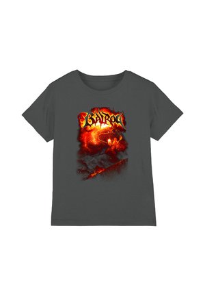 Dark gray t-shirt with fiery red and orange snake design and stylized text above the snake on the front.