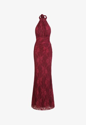Robe en dentelle bordeaux avec un col halter et une silhouette ajustée, présentant des motifs floraux et une jupe fluide. Texture lisse.