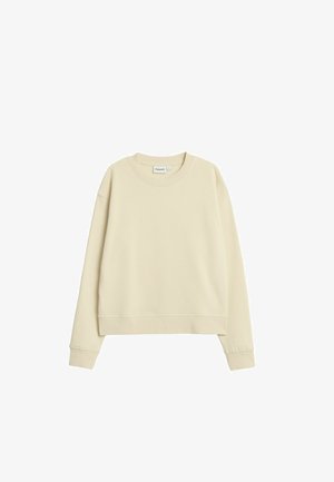 Lysebeige sweatshirt med rund halsudskæring, faldende skuldre og ribstrikkede ærmekanter. Lavet af blødt stof med en let cropped kant.