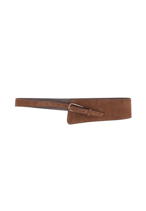 Brown suede wide belt with pointed end and gold-tone buckle, designed for waist wear.