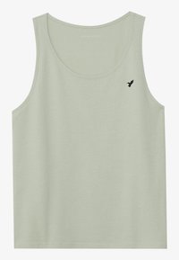 Light green cotton tank top with a rounded neckline and sleeveless design. Features a small black bird logo on the chest.