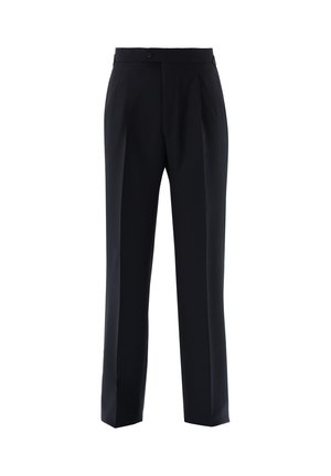 Schwarze, maßgeschneiderte, hoch taillierte Hose mit Knopfverschluss und vorderen Falten, präsentiert vor weißem Hintergrund.