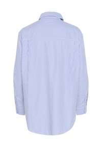 Camisa de manga larga a rayas azul y blanca, material de algodón, corte casual, puños abotonados, detalle en la parte posterior, dobladillo curvado.