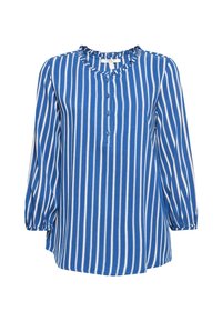 Blouse rayée bleue avec manches longues bouffantes, col à volants, patte de boutonnage à cinq boutons, et coupe décontractée. Rayures blanches verticales partout.