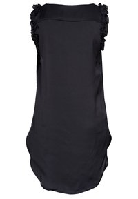 Czarny bezrękawnik wykonany z gładkiego materiału. Posiada falbany na ramionach oraz zaokrąglony dół, co zapewnia luźny krój.