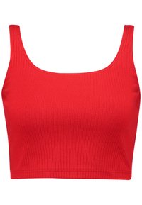 Top corto de canalé rojo con escote redondo y tirantes anchos, fabricado en una tela elástica para un ajuste ceñido.