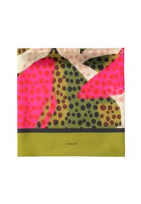 Foulard en soie présentant un motif audacieux de grands points roses et noirs sur un fond vert et beige, avec un logo imprimé en bas.