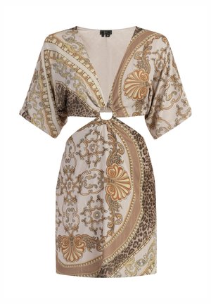 Bézs színű, könnyű anyagból készült nagyszerű elöl megkötős ruha, arany és barna mintákkal, rövid ujjakkal, és középső gyűrűs részlettel a deréknál.