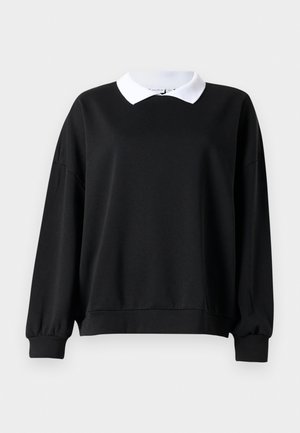 Black sweatshirt with a white polo-style collar, oversized fit, ribbed cuffs, and hem. Smooth texture, long sleeves, and no visible logos.