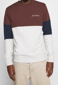 Färgbockad sweatshirt i brun, marinblå och ljusgrå. Har rundad hals, långa ärmar, ribbade ärmslut och en liten broderad logotyp.