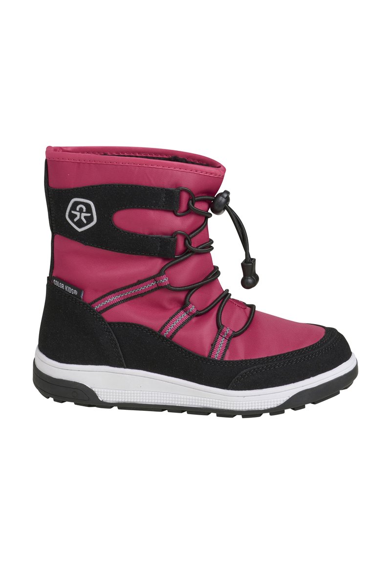 Rosa vattentät stövel med en svart mockadel underdel, elastisk dragsko, gummisula och randig dekorativ söm.