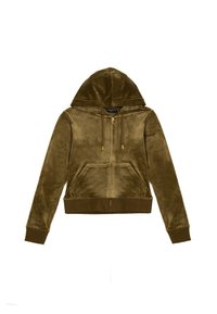 Felpa con zip in velour verde oliva, dotata di cappuccio con coulisse, tasche frontali e orli e polsini a coste. Accenti in hardware color oro.