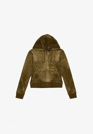 Felpa con zip in velour verde oliva, dotata di cappuccio con coulisse, tasche frontali e orli e polsini a coste. Accenti in hardware color oro.