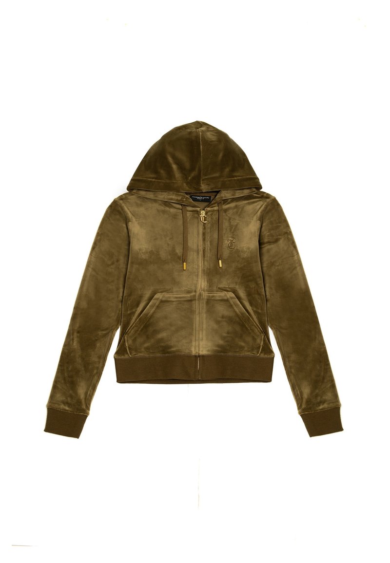 Felpa con zip in velour verde oliva, dotata di cappuccio con coulisse, tasche frontali e orli e polsini a coste. Accenti in hardware color oro.