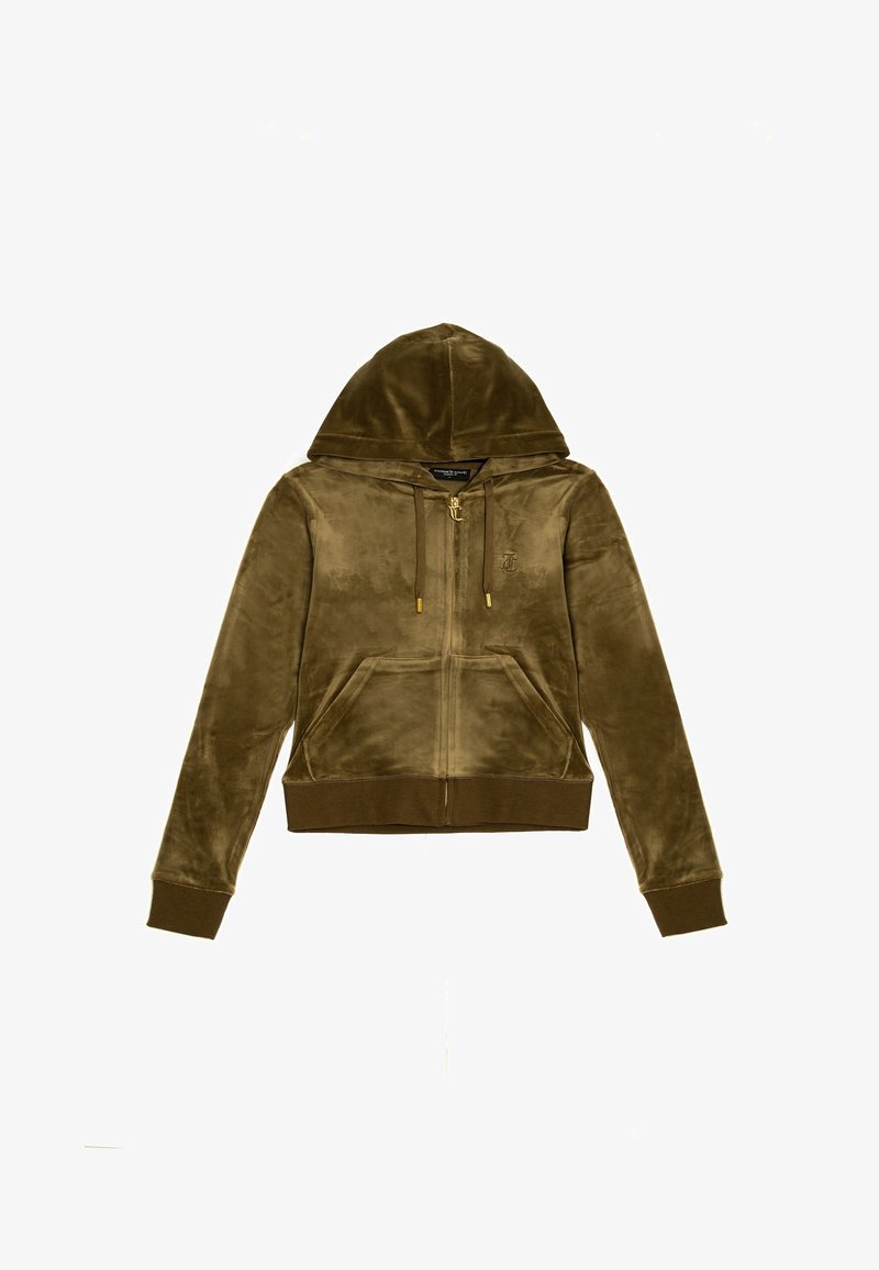 Felpa con zip in velour verde oliva, dotata di cappuccio con coulisse, tasche frontali e orli e polsini a coste. Accenti in hardware color oro.