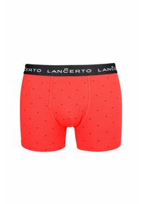 Czerwone bokserki z czarnym pasem, na którym widnieje logo "LANCERTO", ozdobione małymi, powtarzającymi się czarnymi wzorami kwiatowymi. Elastyczny materiał bawełniany.
