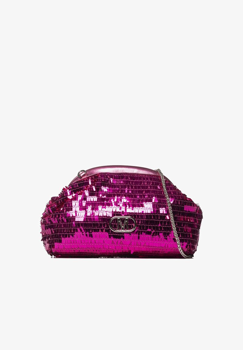 Borsa a pochette rosa con paillettes, dalla forma liscia e strutturata, tracolla in catena argentata e una cornice metallica con dettaglio del logo sul fronte.