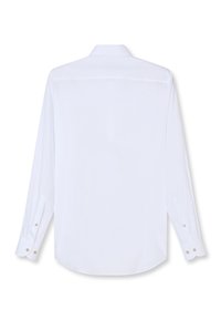 Plain white long-sleeve dress shirt shown from the back, featuring buttoned cuffs and a classic collar.