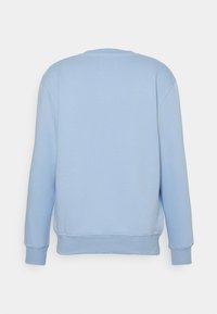 Γαλάζιο φούτερ με ριμπ μανσέτες και τελείωμα, που διαθέτει στρογγυλή λαιμόκοψη και λείο υλικό, απεικονιζόμενο από πίσω.