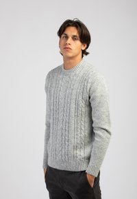 Maglione grigio a maglia con collo rotondo e polsini a coste. Presenta motivi testurizzati e una silhouette aderente.