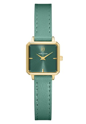 Vierkante gouden horloge met teal leren band, teal wijzerplaat, gouden wijzers en minimalistische gouden uurmarkeringen die 10:10 aangeven.