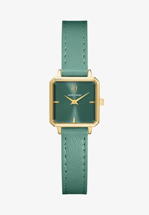 Montre carrée en or avec bracelet en cuir bleu sarcelle, cadran bleu sarcelle, aiguilles en or et index horaires en or minimalistes indiquant 10h10.