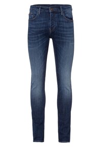 Skinny jeans in dark blue denim, featuring a classic five-pocket design, button closure, and subtle fading on the thighs.