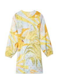 Robe à manches longues avec poignets élastiques, imprimé botanique pastel jaune, bleu et vert, agrémentée de petits points métalliques argentés.