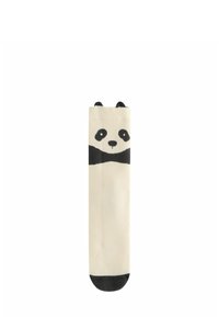 Panda tematika iki kelių kojinių kreminės spalvos su juodais akcentais, su pandos veido dizainu ir ausų detalėmis viršuje. Minkštas, lygus tekstūros paviršius.