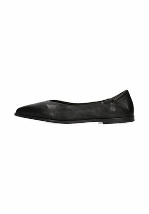 Bailarinas de cuero negro con punta afilada, textura suave y parte trasera elástica. Presentan una suela baja y flexible para mayor comodidad.