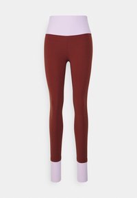 Bordeaux leggings met een lavendel geribde tailleband en enkelmanchetten; gladde textuur, aansluitend ontwerp en volledige dekking tot de enkels.