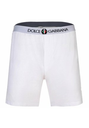 Weiße Boxershorts für Herren mit grauem Bund, auf dem „Dolce & Gabbana“ steht und einem kleinen italienischen Flaggenemblem in der Mitte.