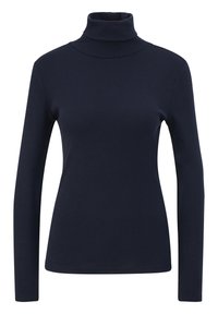 Donkerblauwe lange mouwen turtleneck top van zachte, rekbare stof. Heeft een aansluitende pasvorm en een geribbelde halslijn.