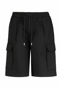 Zwarte cargoshorts met een elastische tailleband en trekkoord, voorzien van twee zijzakken met kleppen en een losse pasvorm. Glad materiaal.