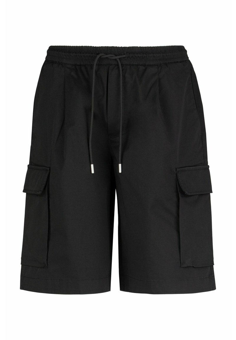 Zwarte cargoshorts met een elastische tailleband en trekkoord, voorzien van twee zijzakken met kleppen en een losse pasvorm. Glad materiaal.