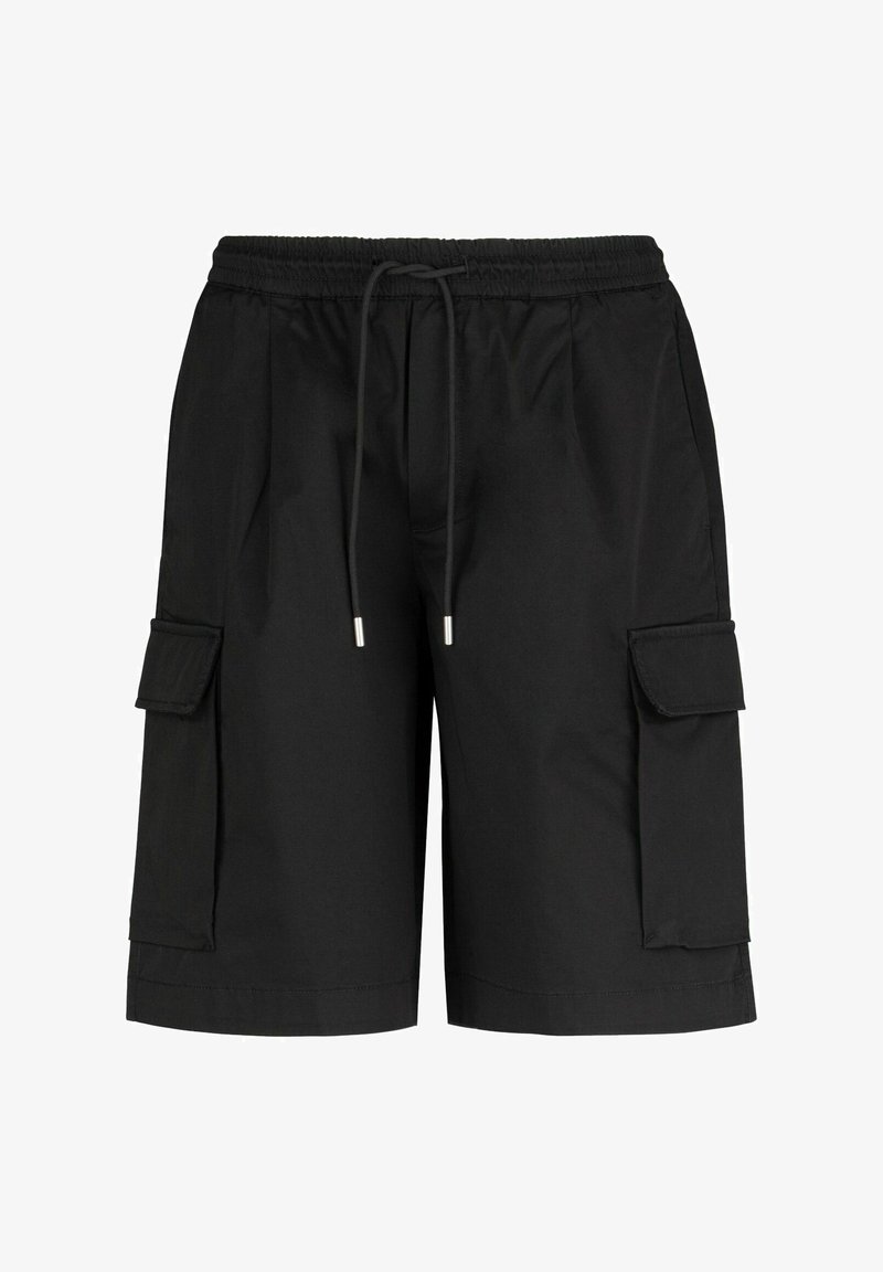 Zwarte cargoshorts met een elastische tailleband en trekkoord, voorzien van twee zijzakken met kleppen en een losse pasvorm. Glad materiaal.