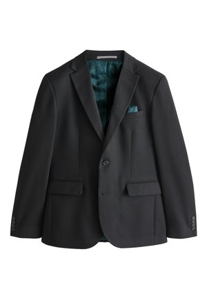 Giacca da completo nera in tessuto strutturato. Presenta due tasche frontali, chiusura con un solo bottone e fodera con motivo verde acqua accompagnata da un fazzoletto da taschino abbinato.