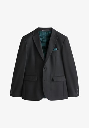 Schwarze Anzugjacke aus strukturiertem Stoff. Verfügt über zwei Fronttaschen, einen Ein-Knopf-Verschluss und ein türkis gemustertes Futter mit passendem Einstecktuch.