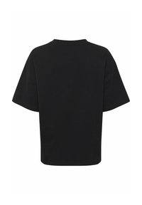 Camiseta negra de manga corta con un corte relajado, cuello redondo y textura suave, con una parte posterior lisa sin gráficos ni diseños.